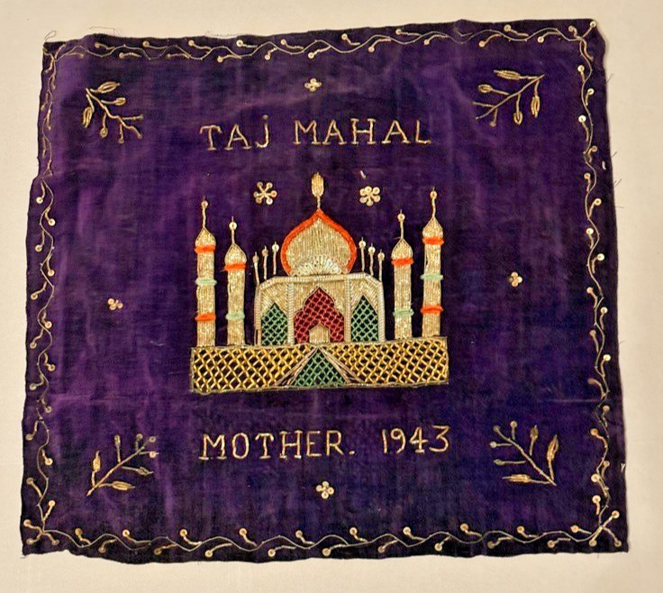 Vintage 1943 India Taj Mahal “Mother” Hand Embroidered Velvet Wall Hanging