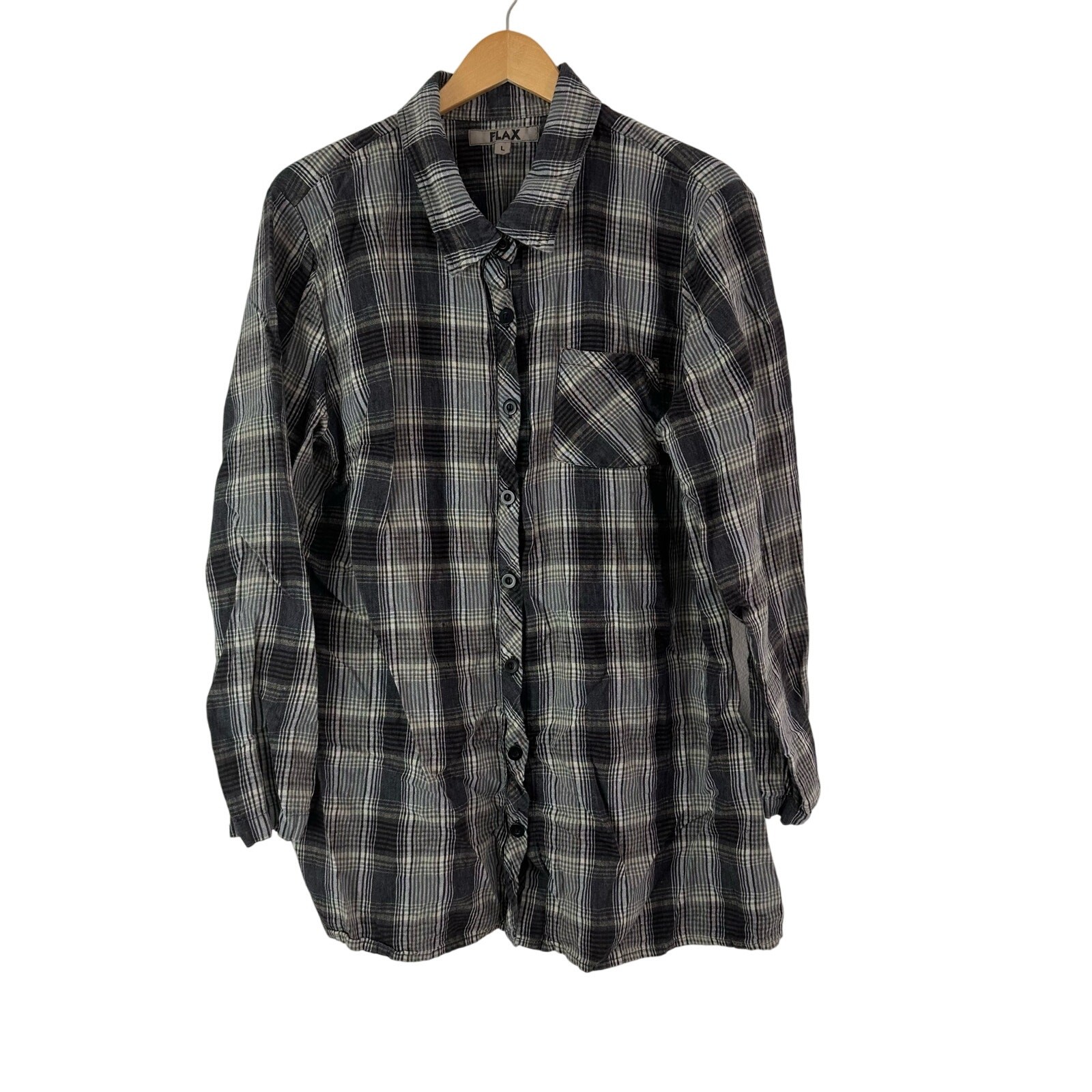 Flax Lagenlook Shirt Womens Large Plaid 100% Linen Oversized Heavyweight Pocket