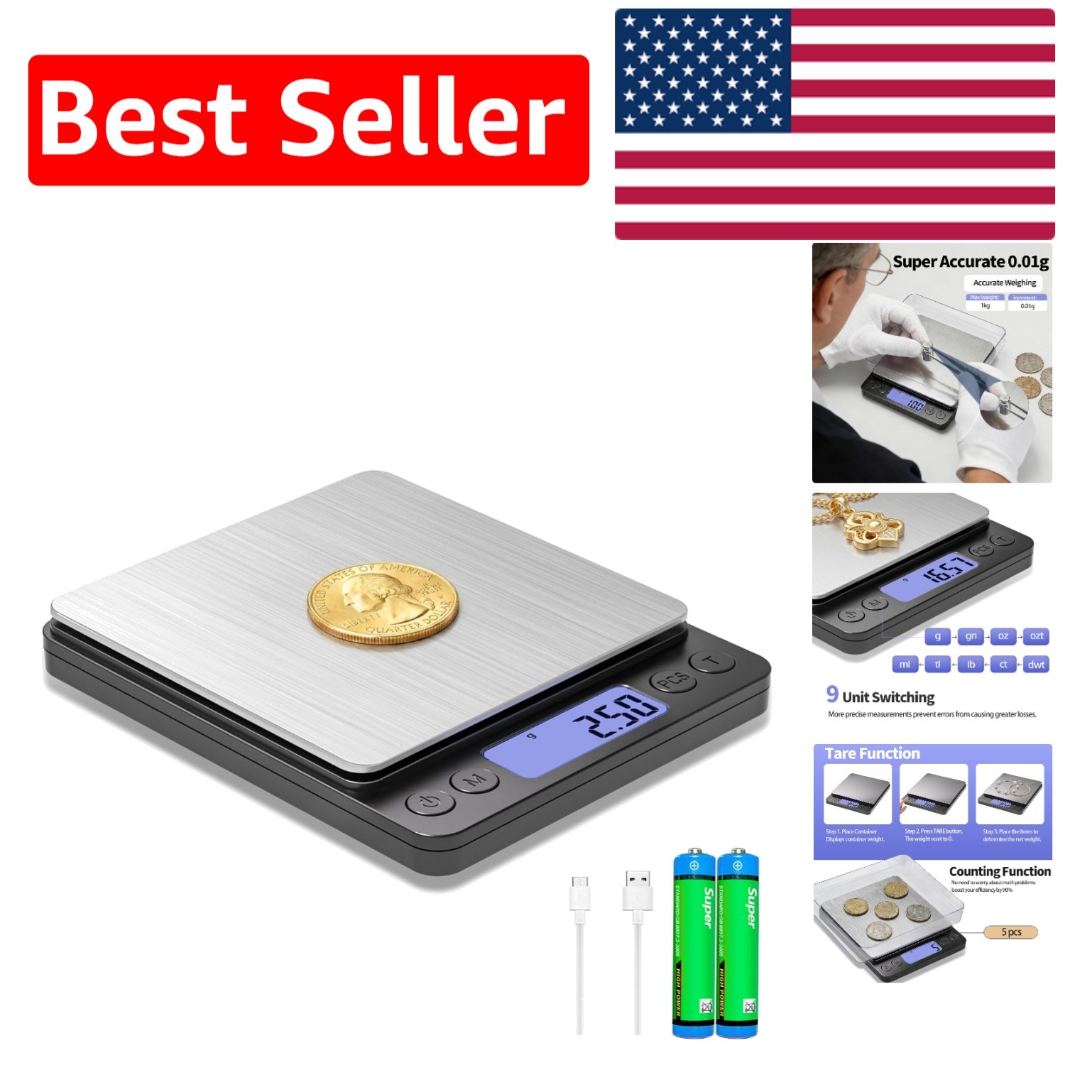 High Precision Coin Scale - 1kg/0.01g with PCS Counting & TARE Function
