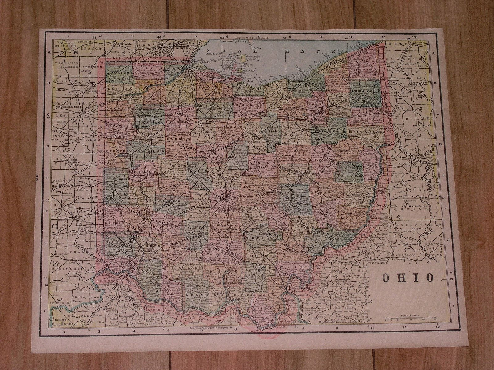 1895 ANTIQUE MAP OF OHIO / VERSO PENNSYLVANIA 