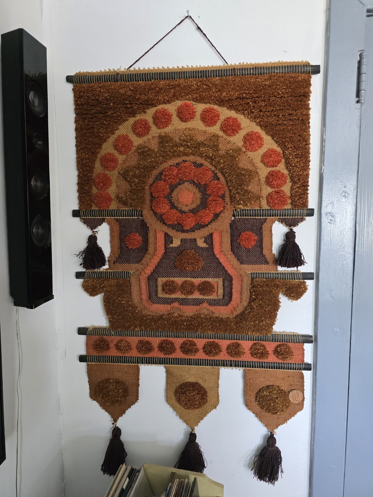 Vintage 1960s Boho Mixed Fiber Art Wall Handmade in India – Jute & Wool Textile