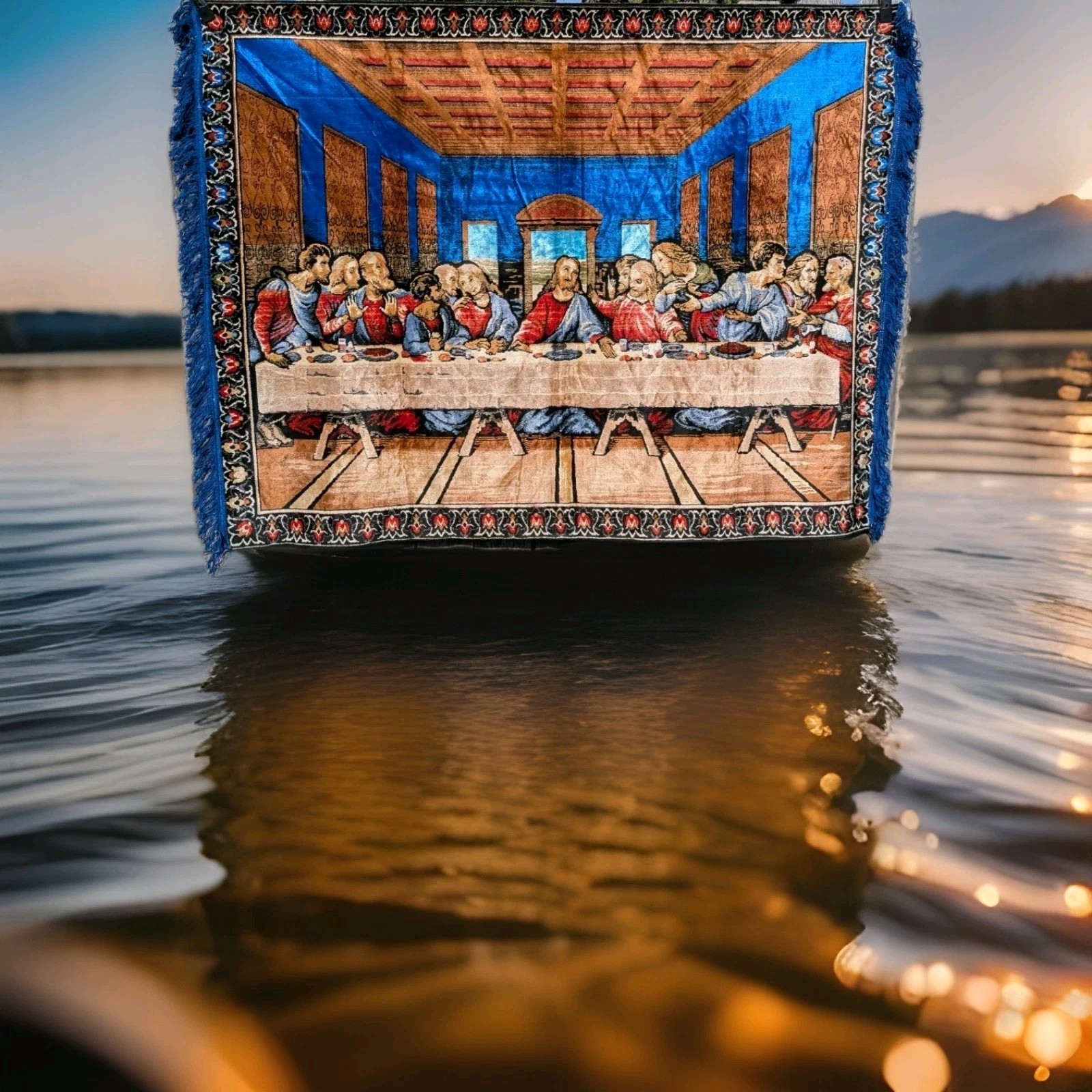 Vintage 60x48 Last Supper Jesus Tapestry Bright Blue