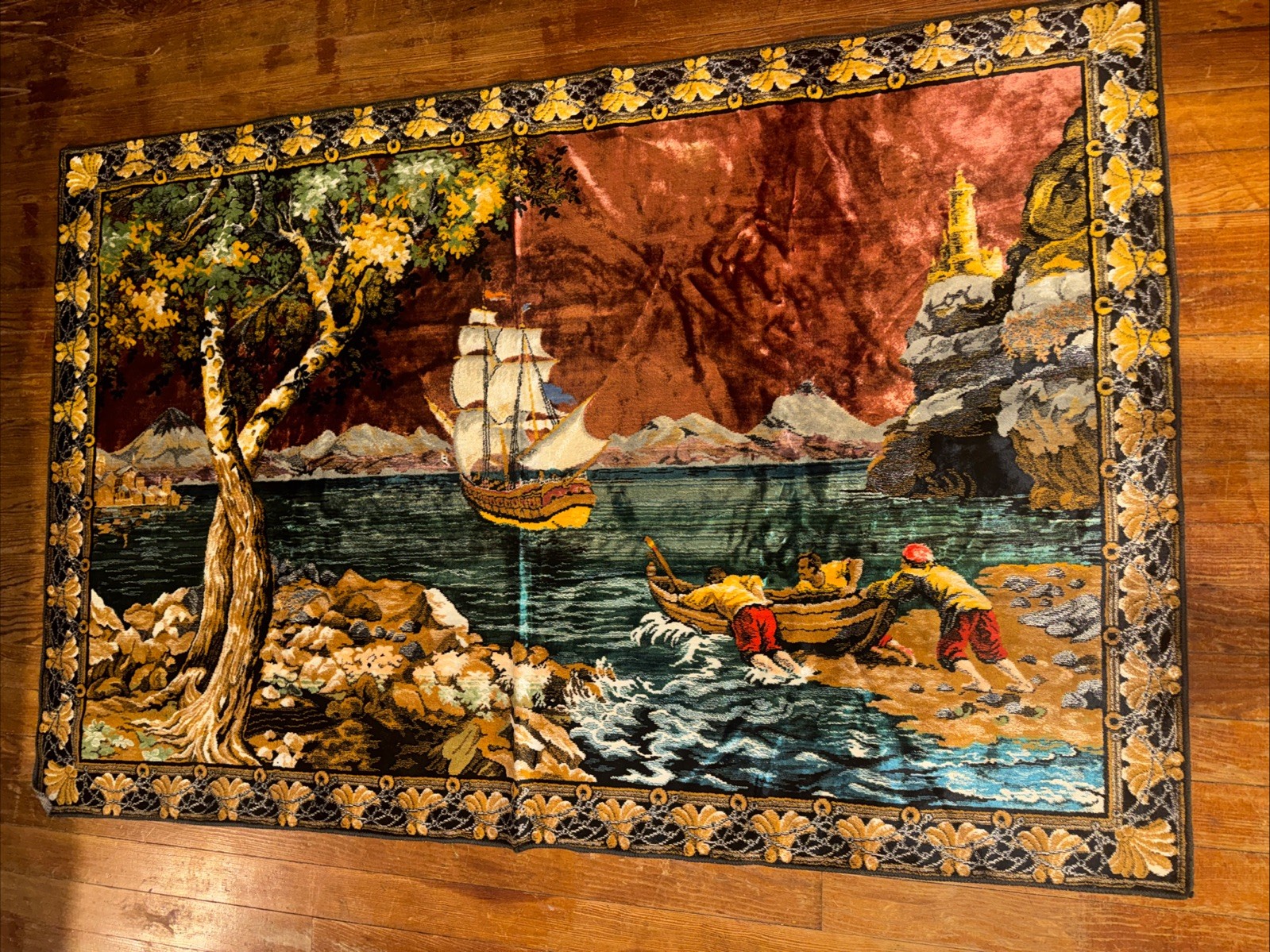 Vintage Italian Velvet Tapestry 48x74 Made In Italy Sailors Ship Anxious To Sail