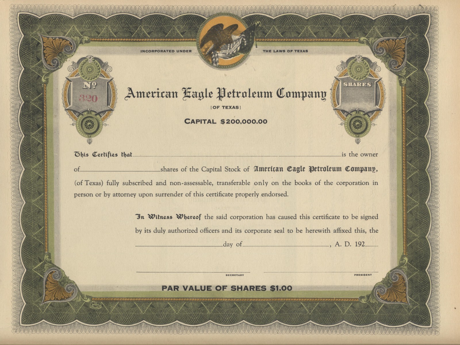 American Eagle Petroleum Company Stock Certificate Specimen Unissued