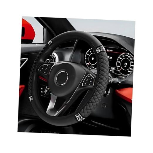 Bling Car Steering Wheel Cover, 15 Inch Sparkly Rhinestone Soft Leather Black