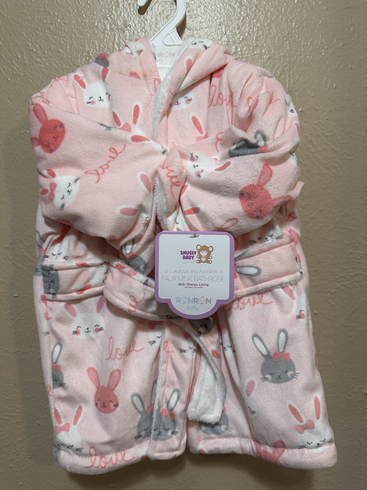 Baby Girls Sherpa-Lined Faux Mink Bath Robe, Pink & White Bunnies 0-18 Months
