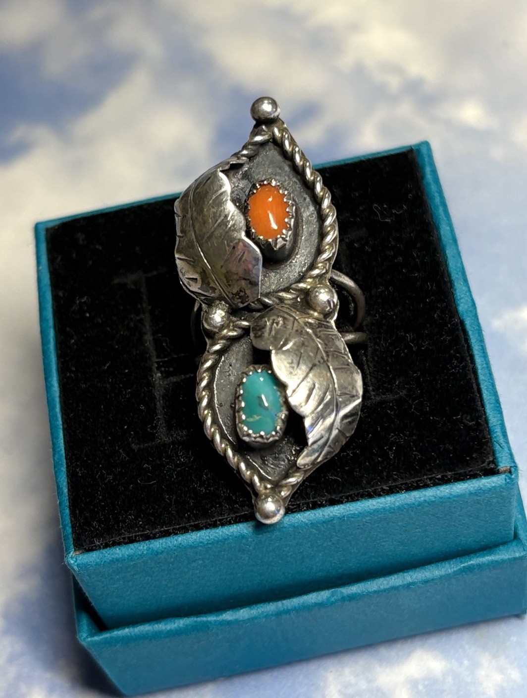 OLD PAWN Navajo signed Sterling Silver Turquoise & Coral Elongated 925 Ring 5.5