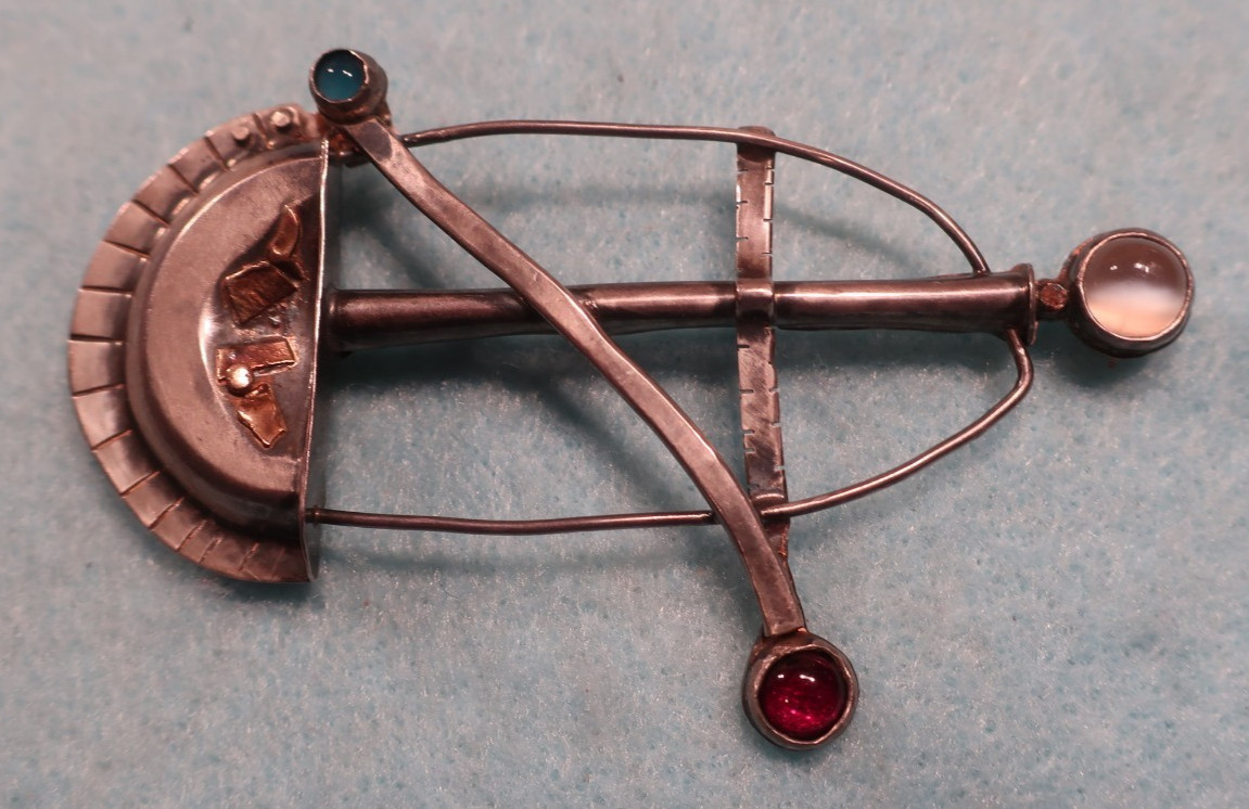 Sterling & 14K Abstract Brooch; 3 Gemstones; Made in USA by Peggy Johnson, 2000