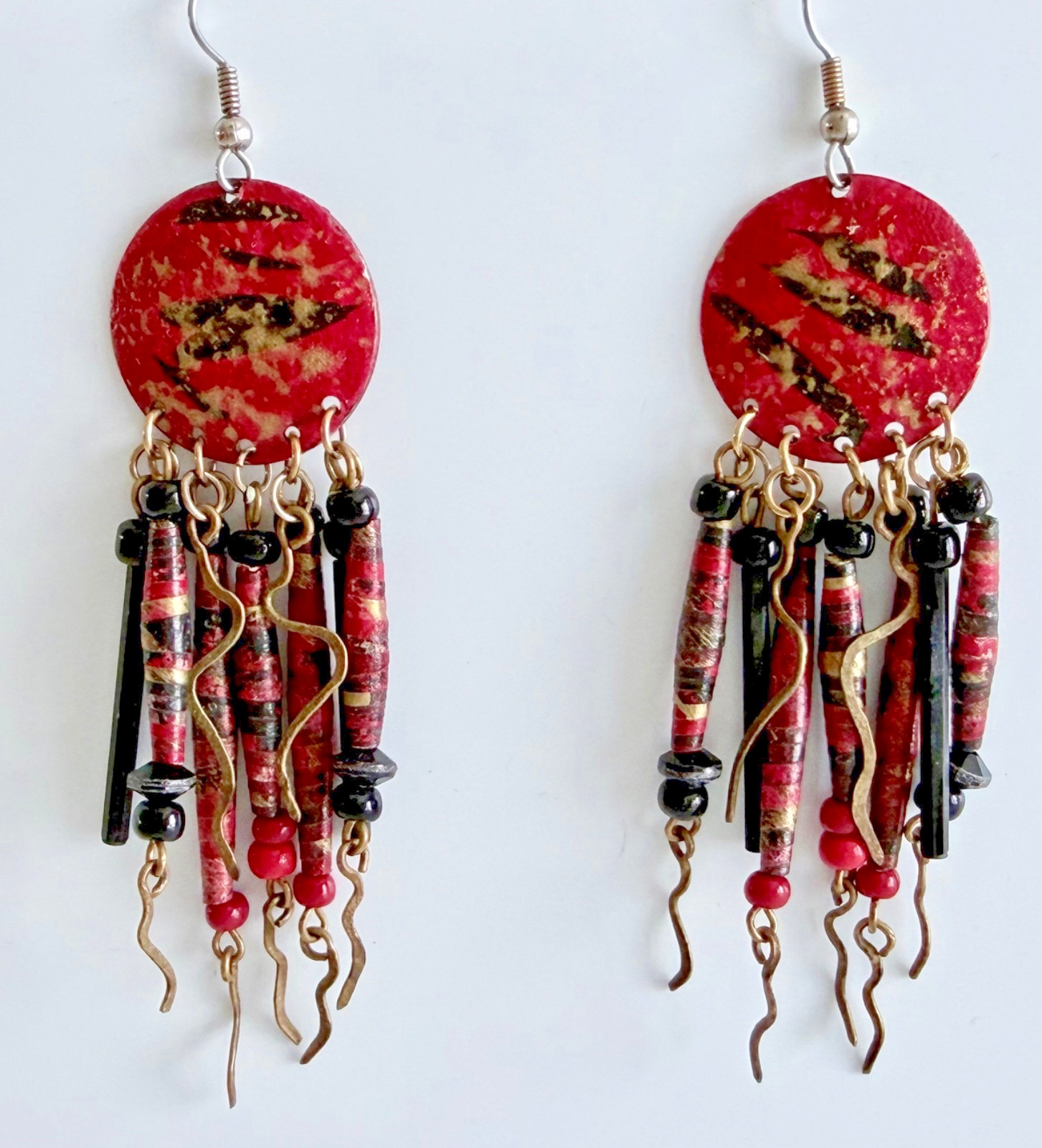 handcrafted dangle earrings red and black beaded fringe and gold-colored accents
