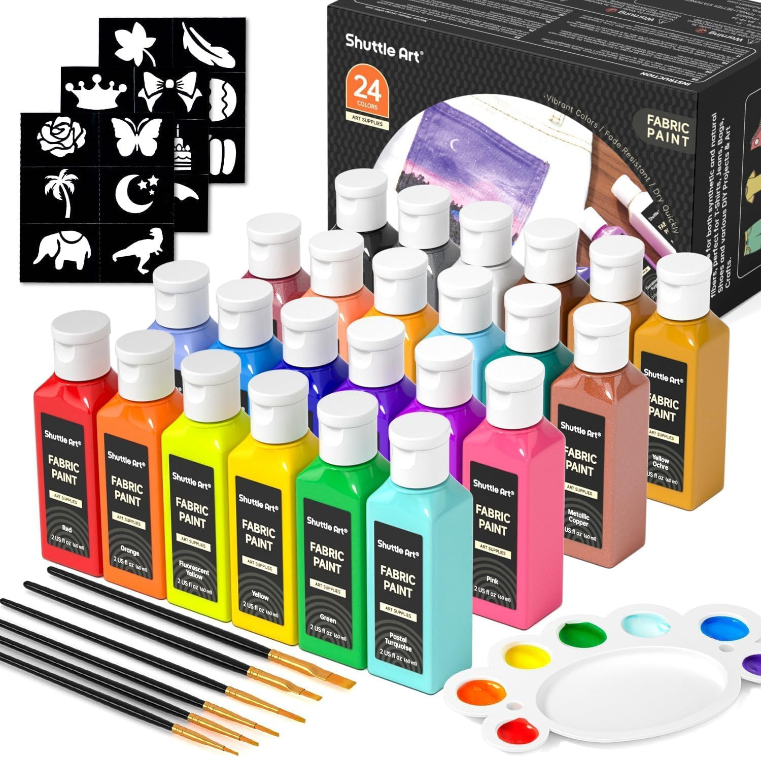Fabric Paint 24 Colors Permanent Soft Fabric Paint in Bottles (60Ml/2Oz) with Br
