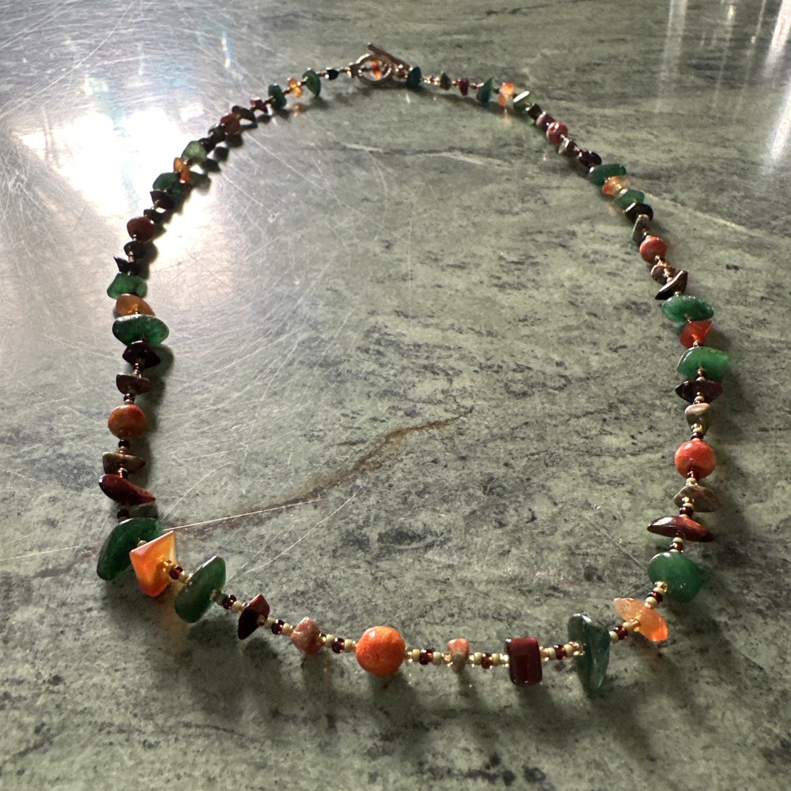 Necklace Beaded Agate Jade Carnelian Jasper Chips Rounds Mix Boho Earthy 26"