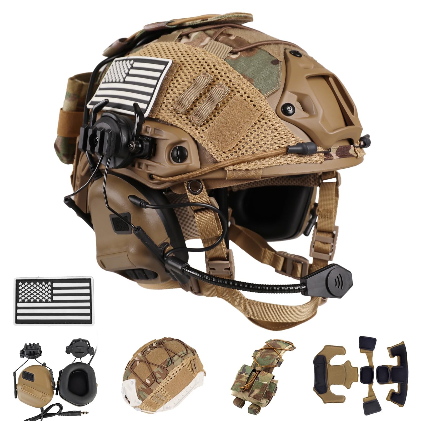 Tactical Helmet Adjustable 4in1 with Headset Military Gear ClrfZebr Upgraded