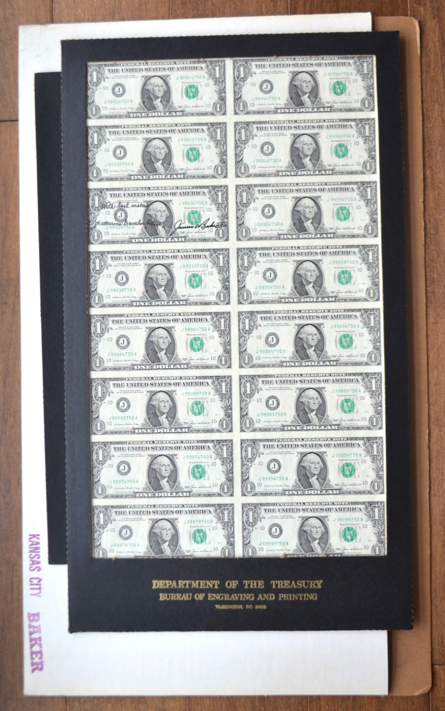 Uncut Sheet 16 1985 $1 Bills J KC BEP Frame & Mailer Autographed Ortega & Baker