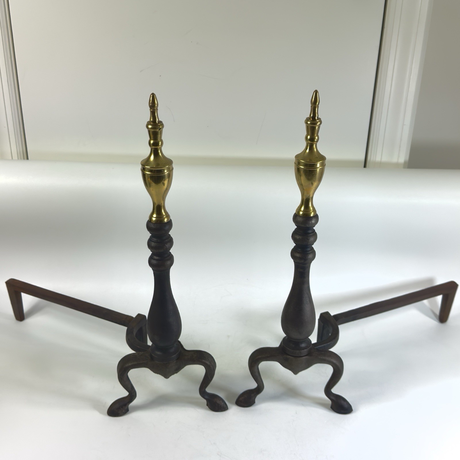 Vintage Brass & Iron Fireplace Andirons Firedogs Pair Traditional Hearth