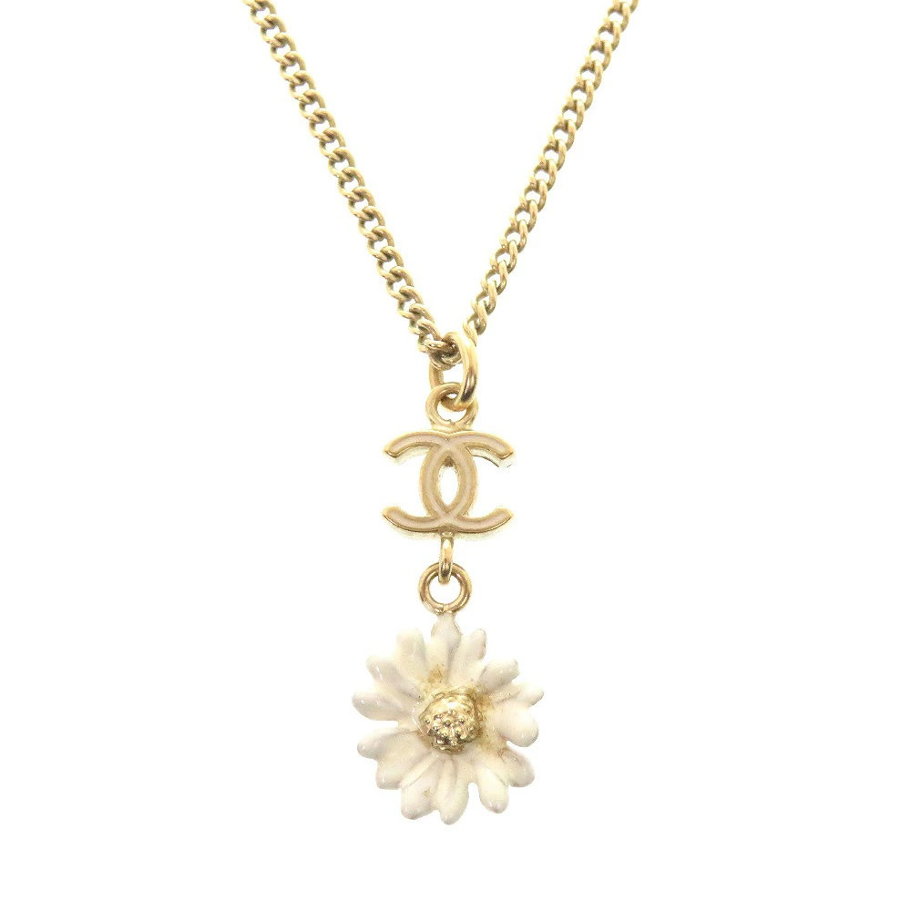CHANEL Coco Mark Flower Gold White Necklace Accessories 0151  CHANEL