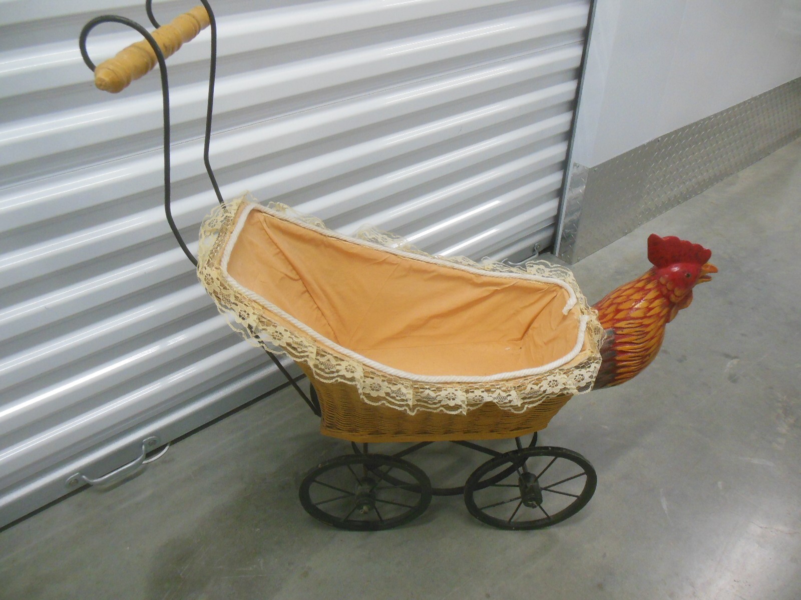 Vintage ANTIQUE IRON Rooster Chicken HEAD WICKER BABY DOLL Easter STROLLER BUGGY