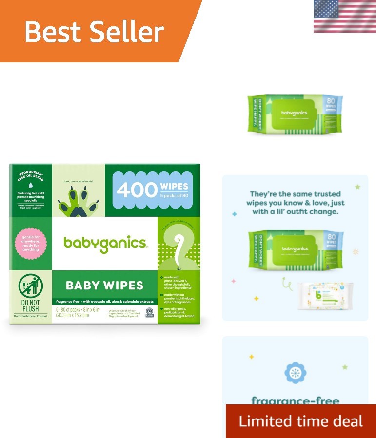 Baby Wipes, Unscented Diaper Wipes, 400 Count, 5 Packs of 80