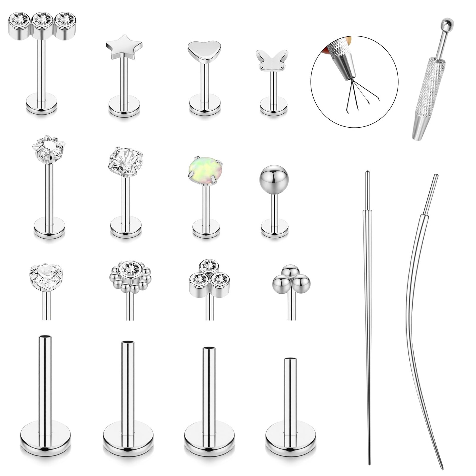 15Pcs 20G/18G/16G Flat Back Push in Stud Earrings 316L 16G(1.2mm), Silver 