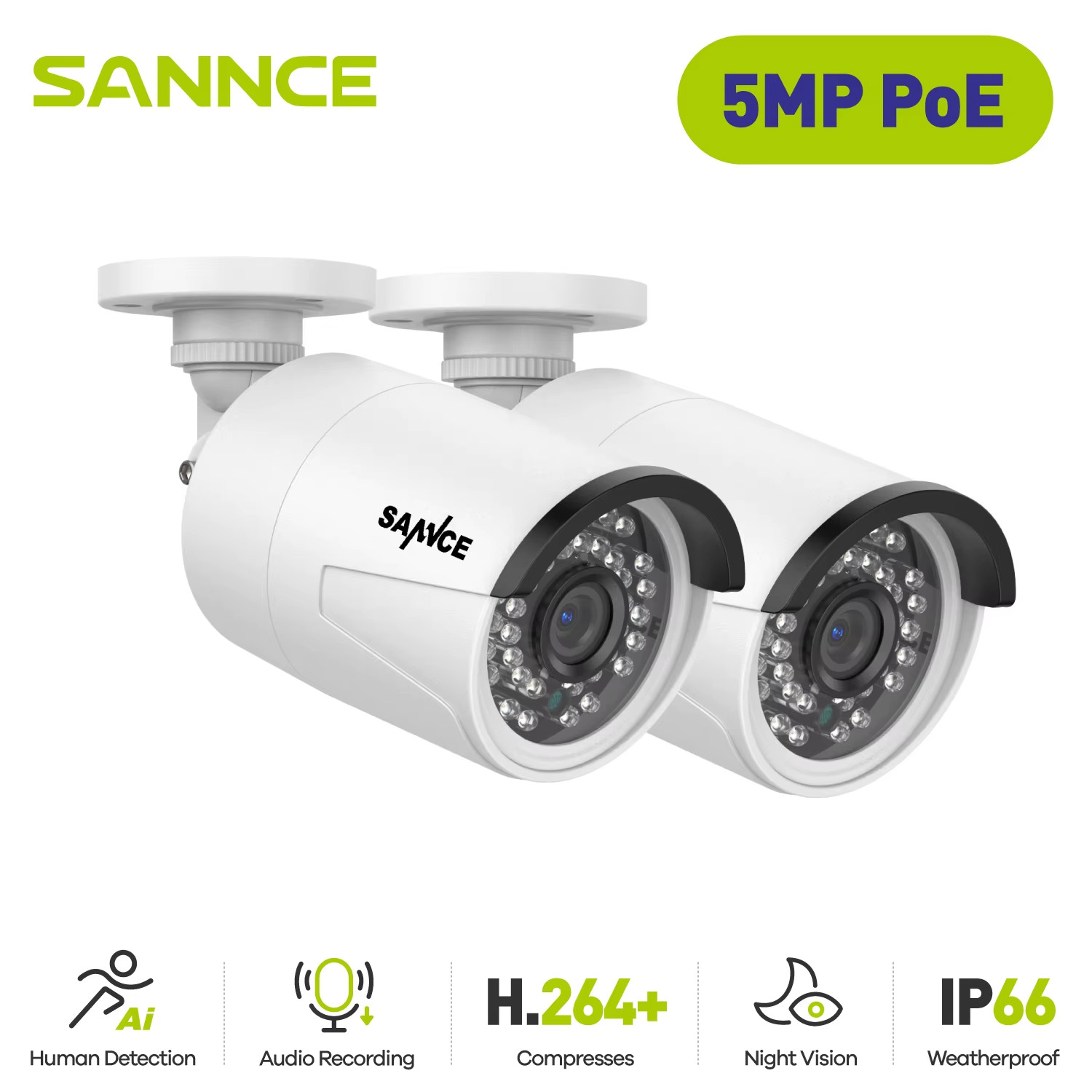 SANNCE 2PCS Ultra HD 5MP POE Camera Outdoor Indoor Weatherproof Security Network