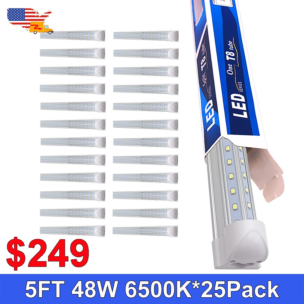 25 Pack 5 Ft Light Fixture 48W 6500K 6200Lm Clear V Shaped LED Garage Shop Light