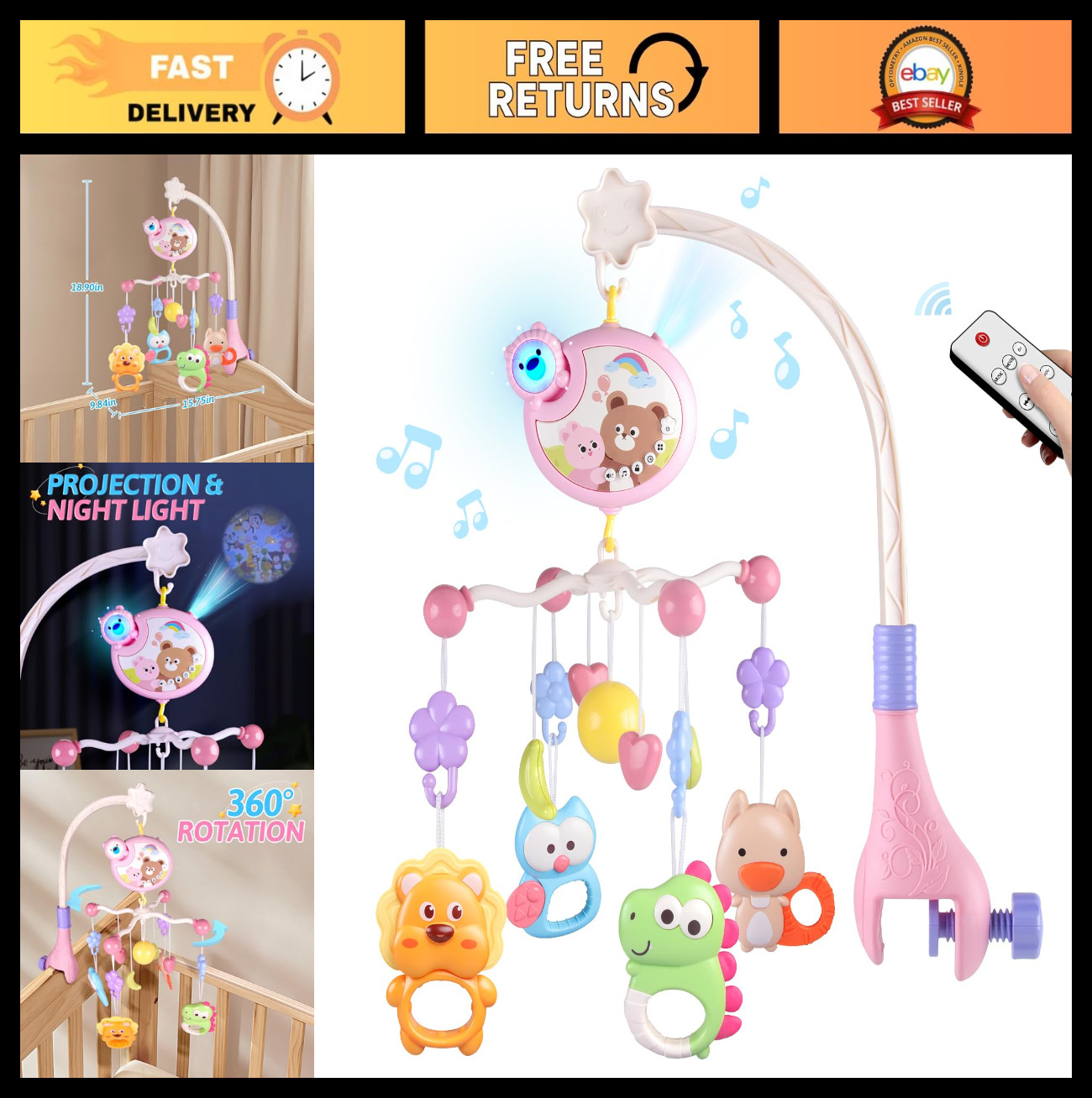 Musical Crib Mobile with Lights - Portable Animal Hanging Toys for Nursery & Bas