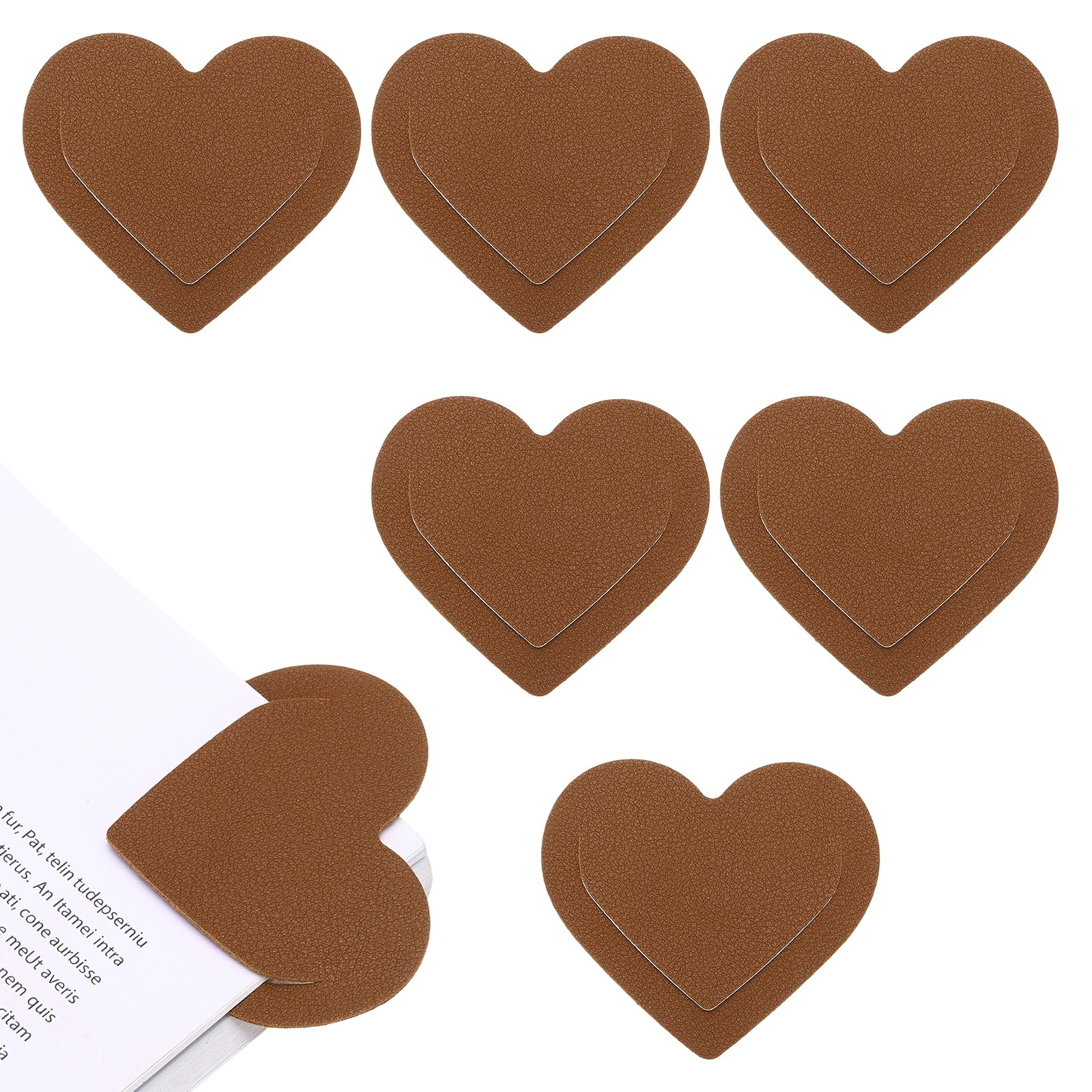 6Pcs Leather Heart Bookmarks, Cute Corner Bookmarks for Reader, Brown