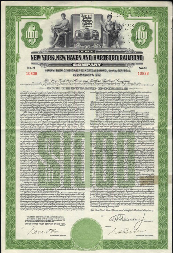 New York New Haven & Hartford Harlem River Division $1000 Mortgage Bond 1953
