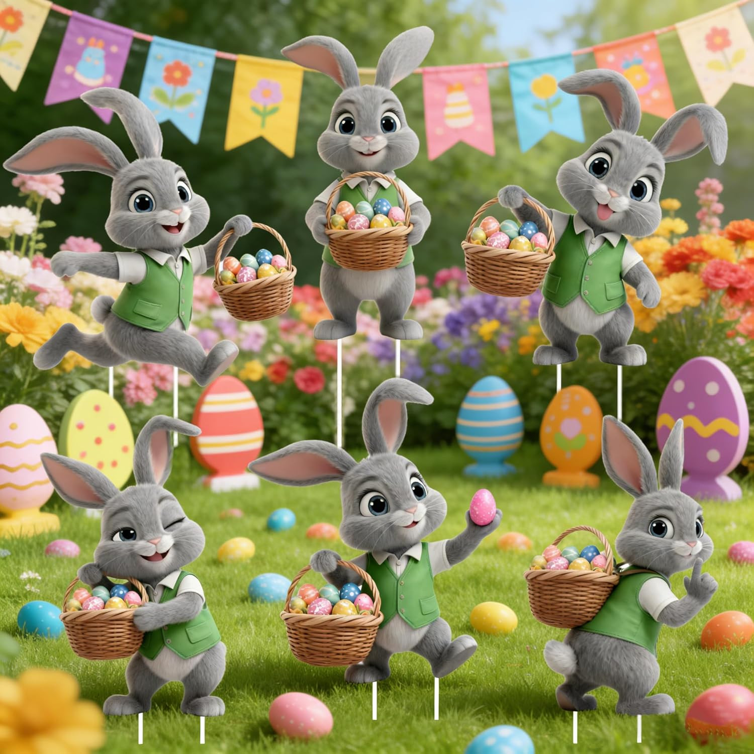 6 PCS Easter Bunny Yard Signs Decorations, Weatherproof Easter Outdoor Decoratio