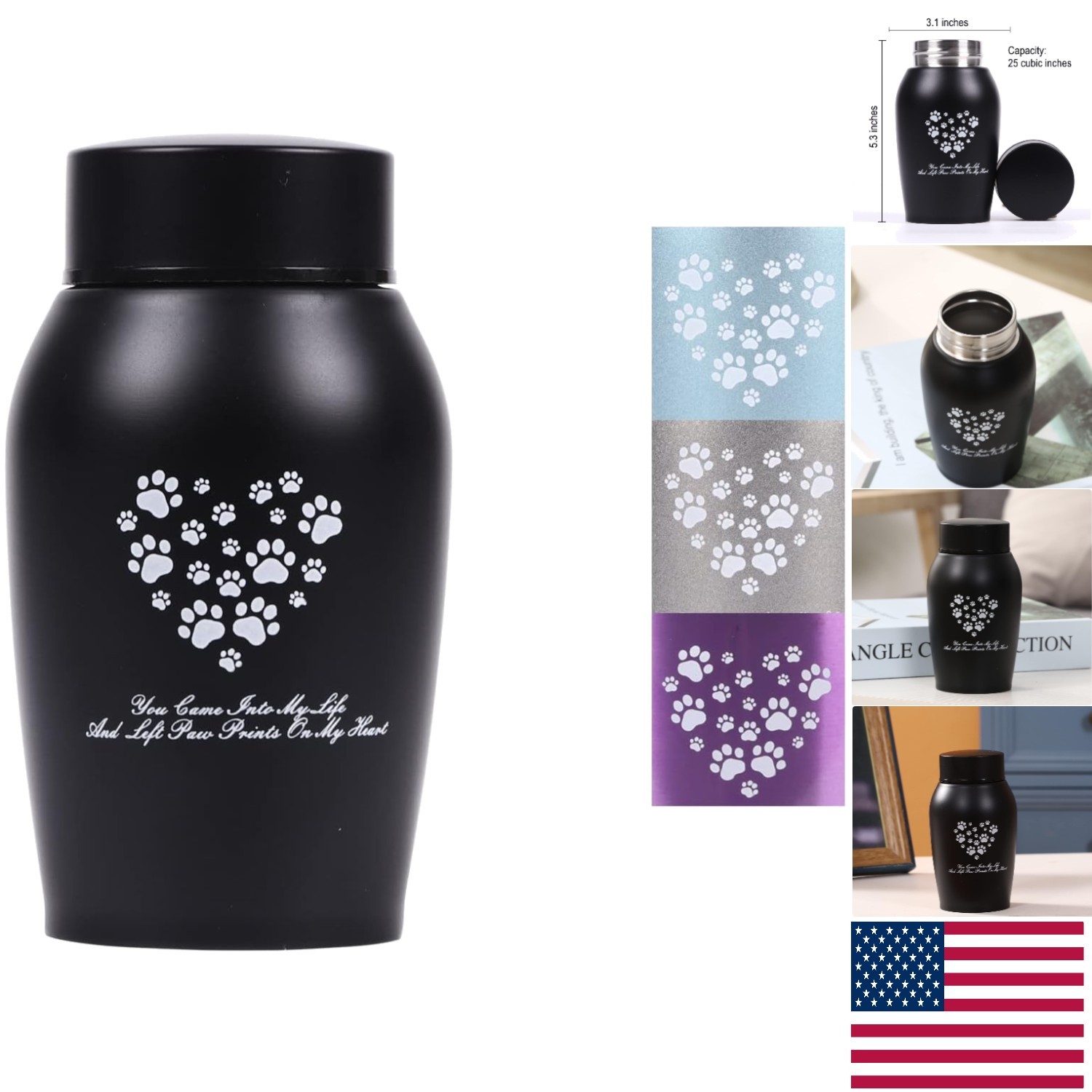 Elegant Black Pet Ash Urn -  Stainless Steel with Paw Print Design