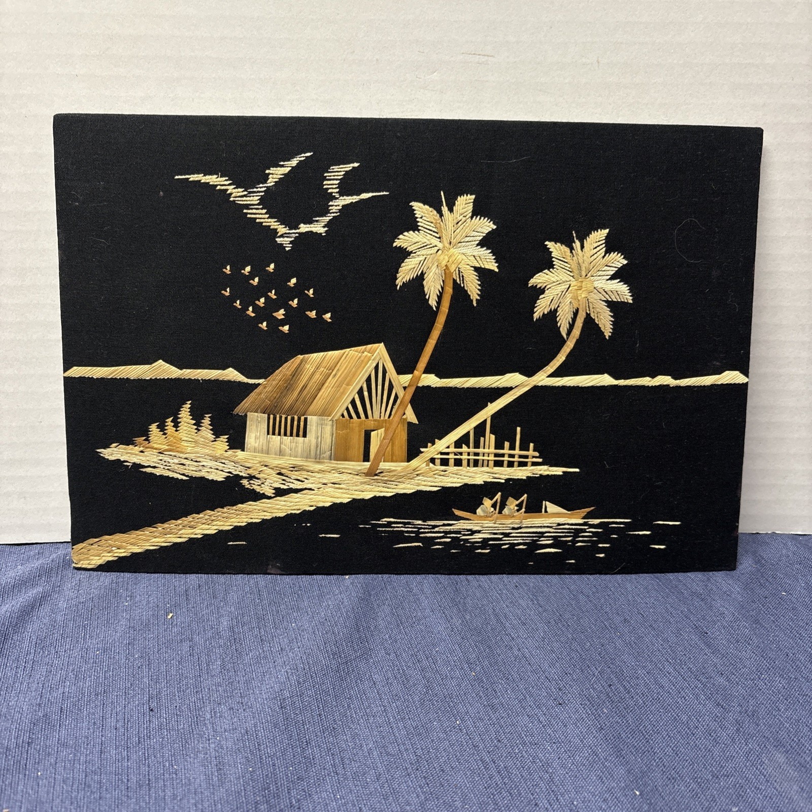 Hand-Crafted ASIAN SILK & STRAW BAMBOO FRAMED ART~  House by River 11x14