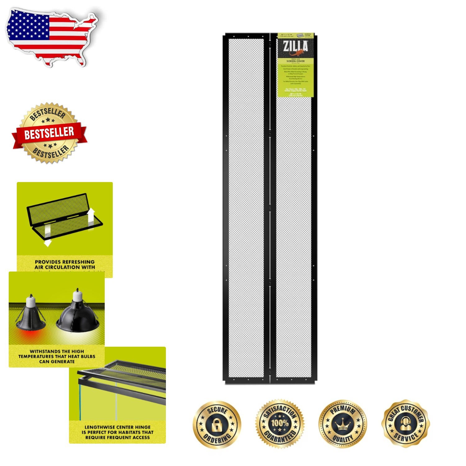 Heavy Duty 48x13" Terrarium Screen Cover, Secure Metal Mesh, Easy Access Hinge