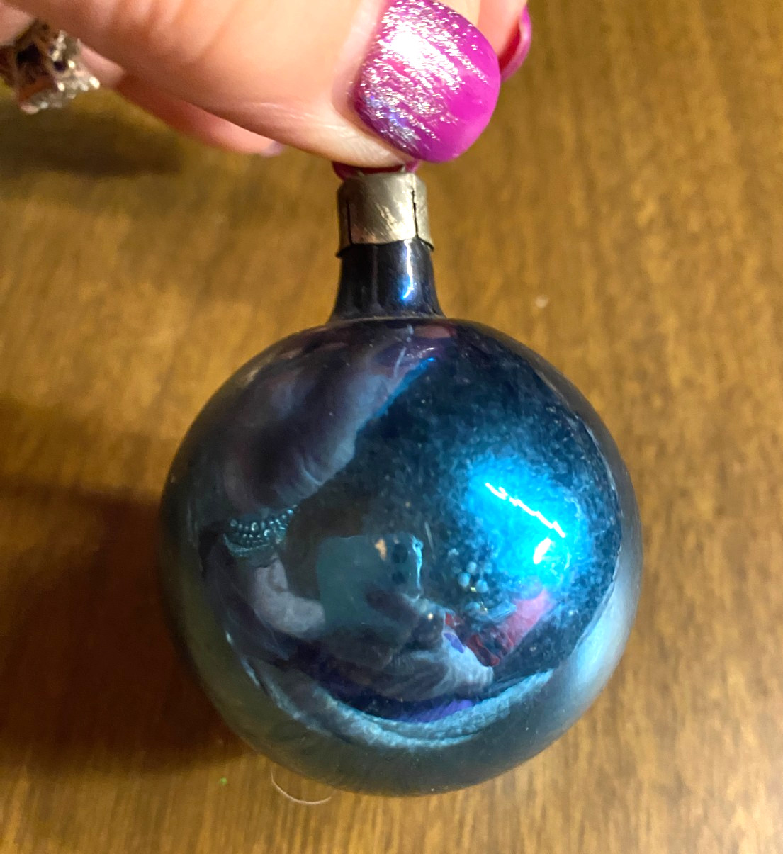 Vintage Blown Glass Blue Ball Christmas Ornament 1 3/4" Signed