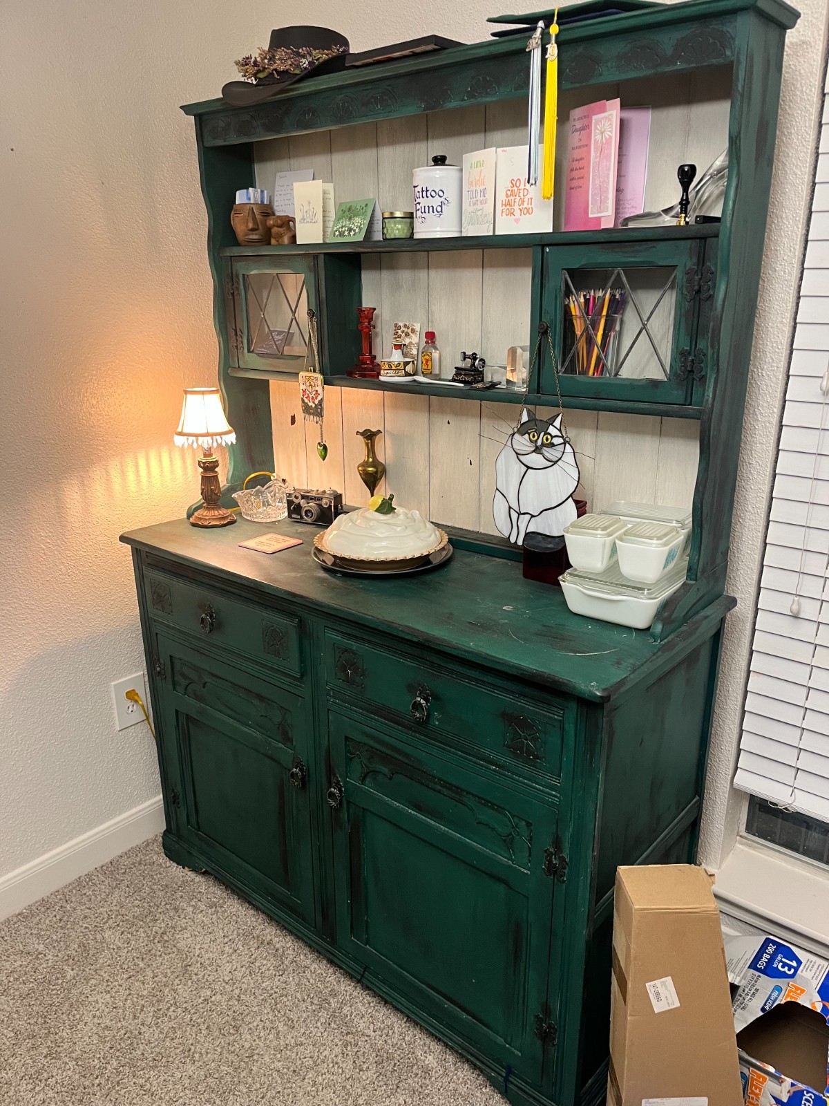 Green vintage style hutch, faux distressed, glass window cabinet, two piece set