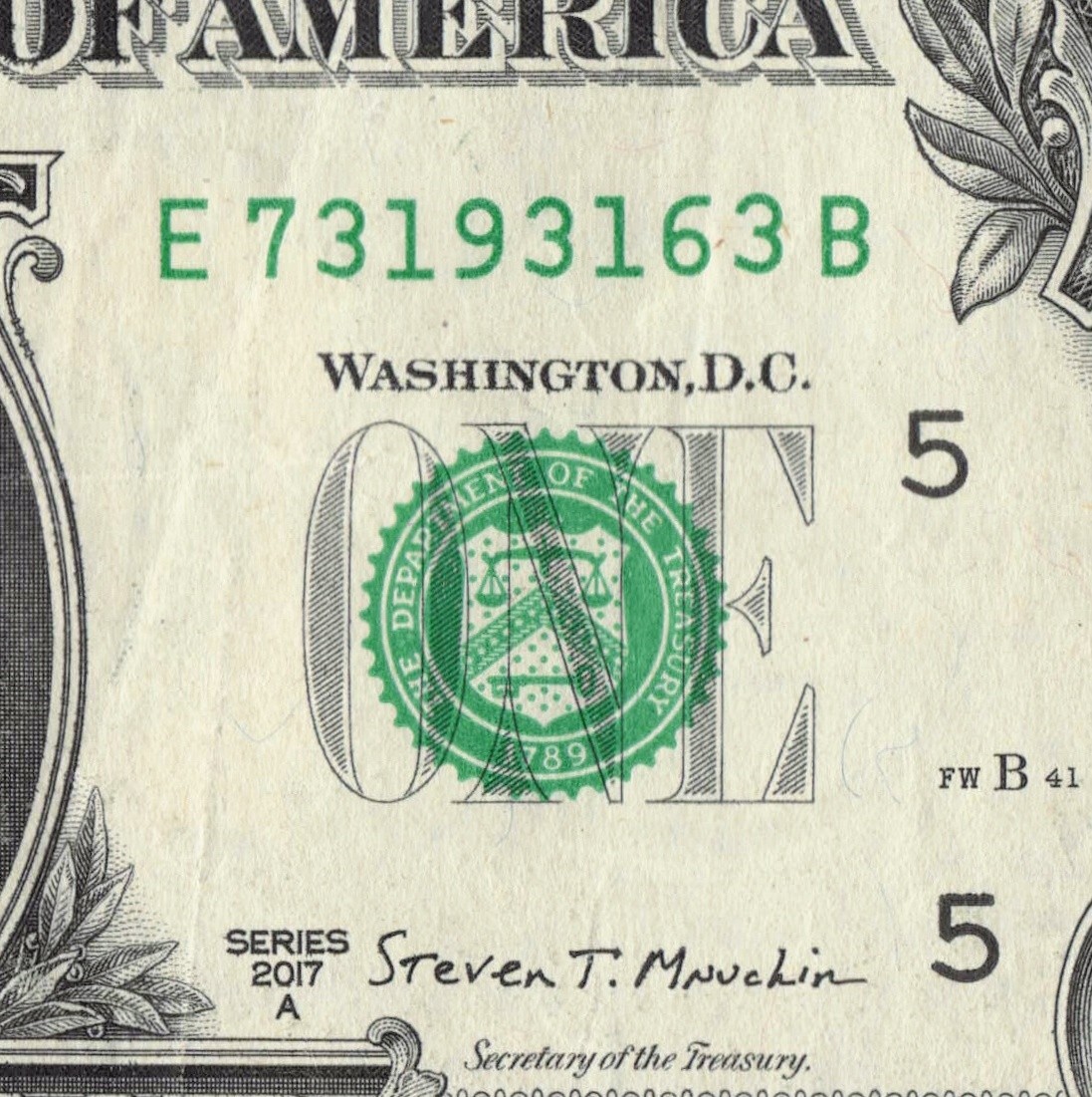 Year Note 1931 in the Serial Number $1 Dollar Bill Center Position E73193163B