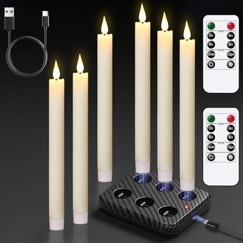  Rechargeable Flameless Taper Candles with Charging Base, 6 Rechargeable-Ivory