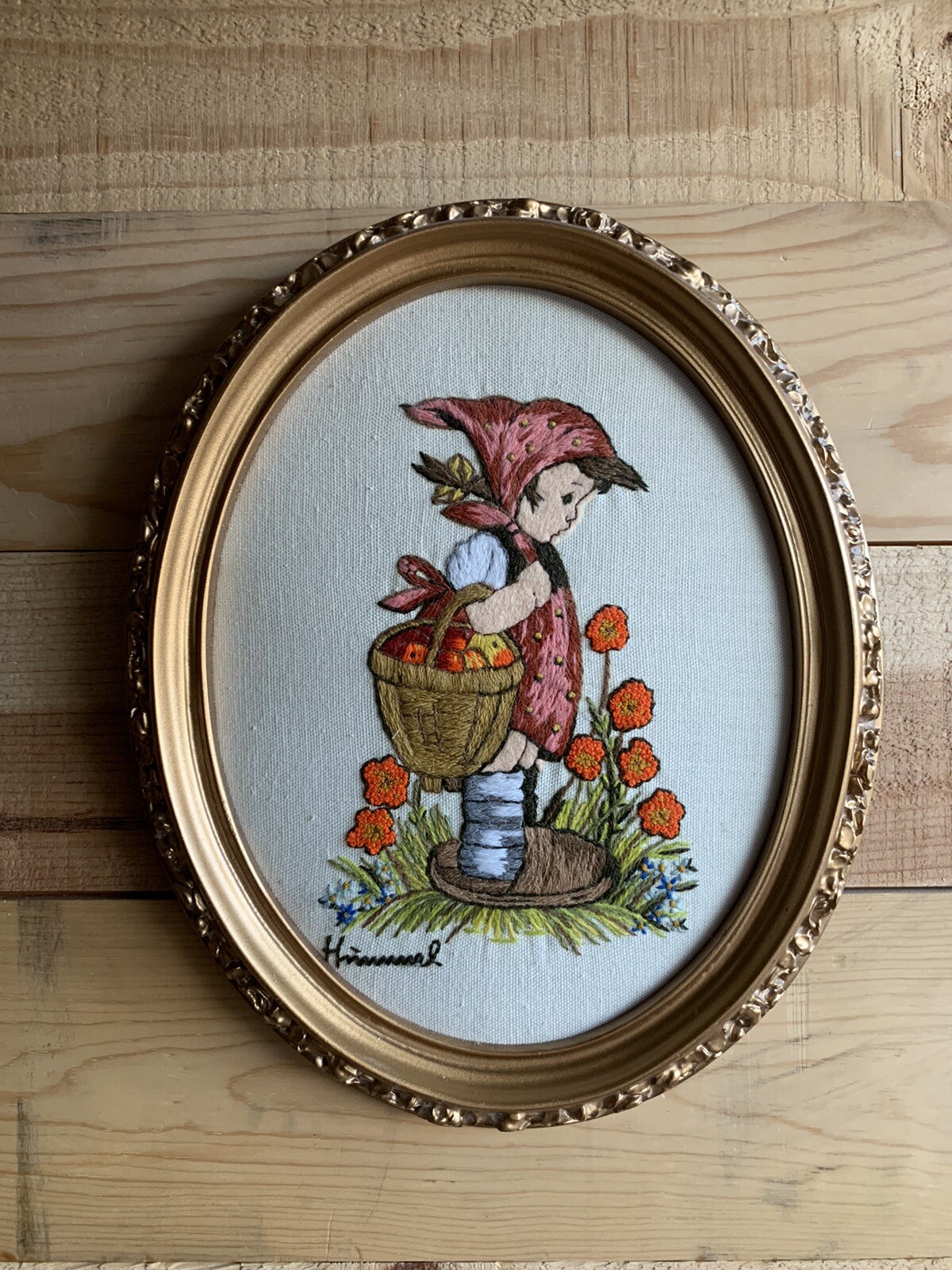 Framed Cross-stitch Cottage Core Hummel Large 12x9.5" Nursey Child Flower Nature