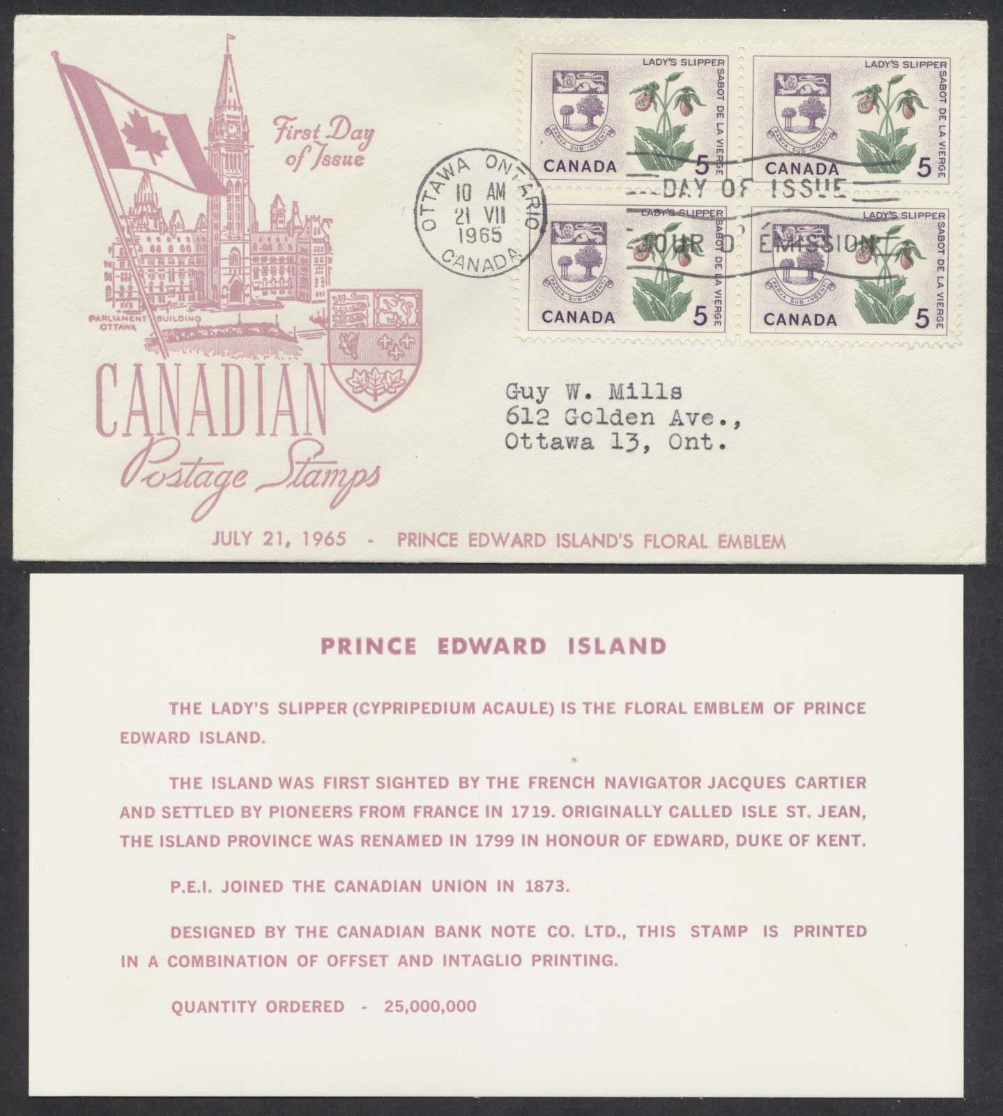 1965 #424 PEI Floral Emblem FDC Block Middlesex Stamp Circle Cachet Insert