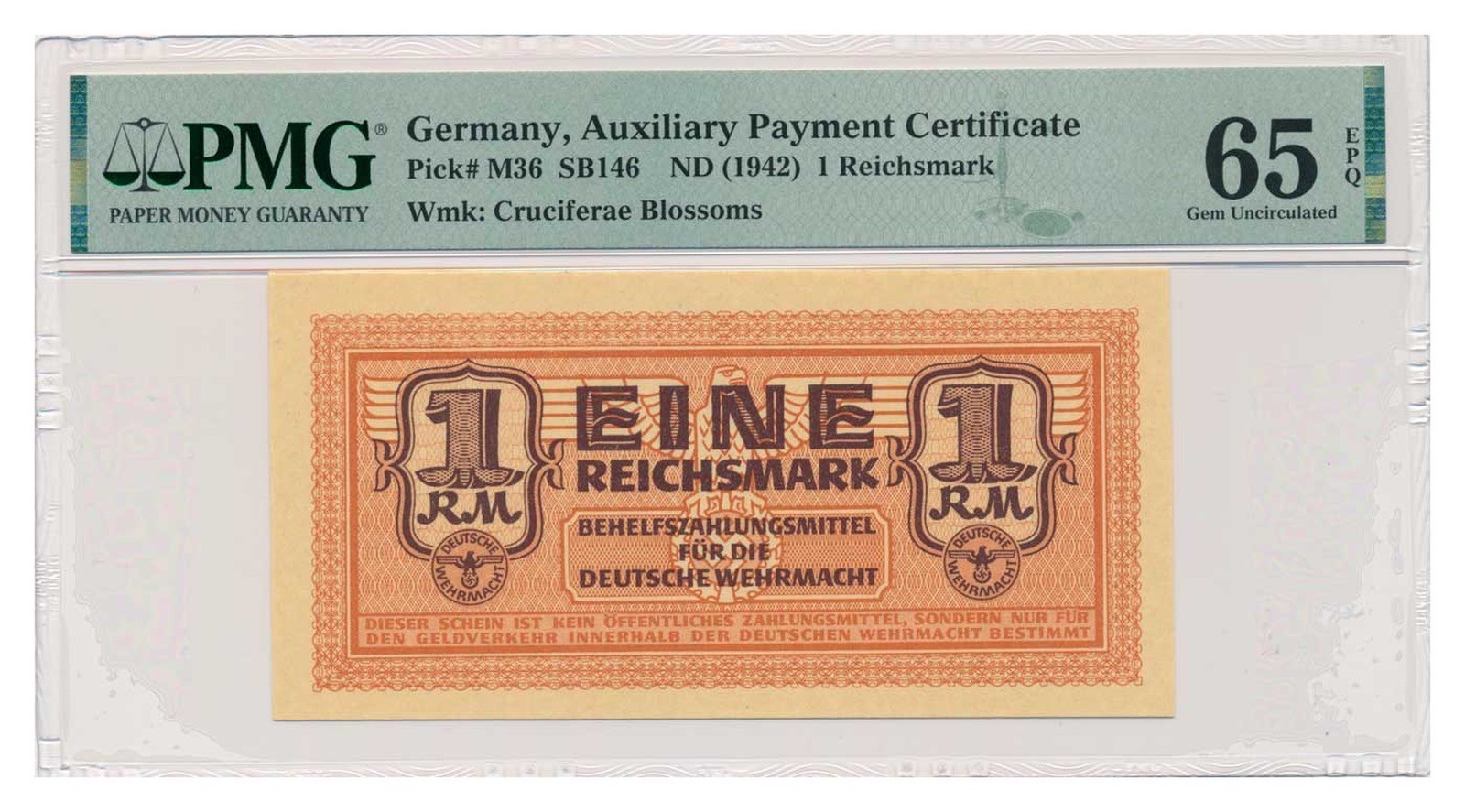 GERMANY banknote 1 Reichsmark 1942 PMG MS 65 EPQ Gem Uncirculated
