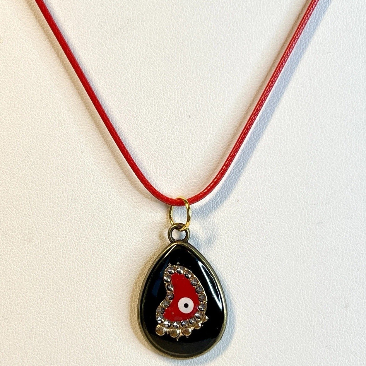 Handmade Evil Eye Resin Pendant Necklace Black Red 20" Red Waxed Cord