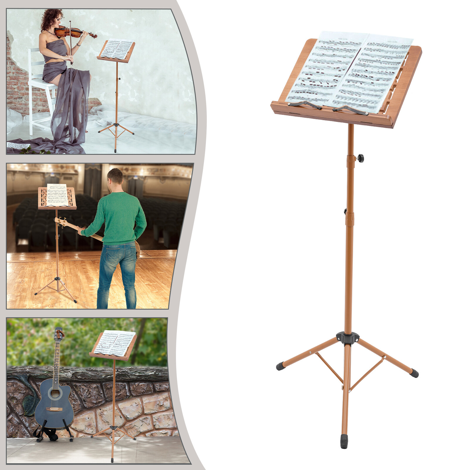 Portable Lightweight Hollow-out Folding Tripod Sheet Music Stand Bamboo+Metal