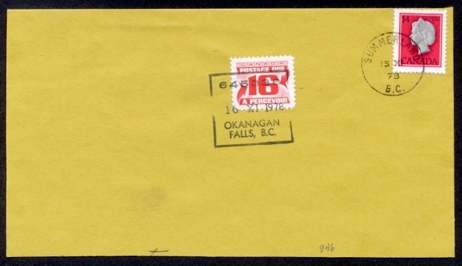 CANADA OKANAGON FALLS 16c RED DUE 1978 SHORT PAID COVER