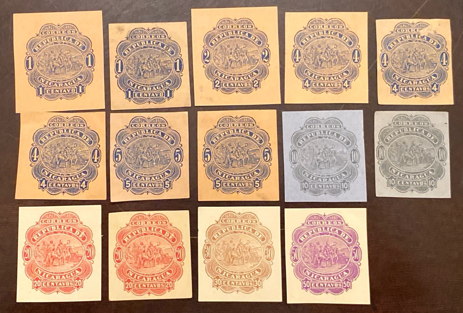 NICARAGUA EARLY POSTAGE STAMP WRAPPERS-CUT CORNERS-CUTOUTS UNUSED (14)
