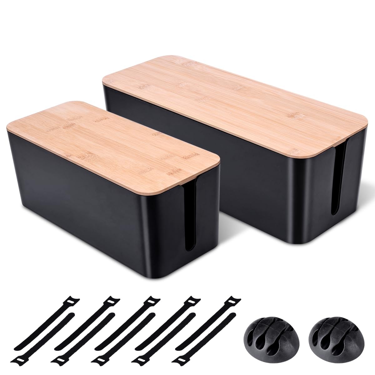 2 Pack Large Cable Management Box – Wooden Style Cord Organizer Box and Cover...