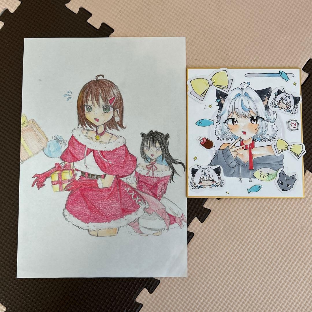 Christmas Cat Girl Illustration Art Set of 2, Hand-drawn by Middle Schooler