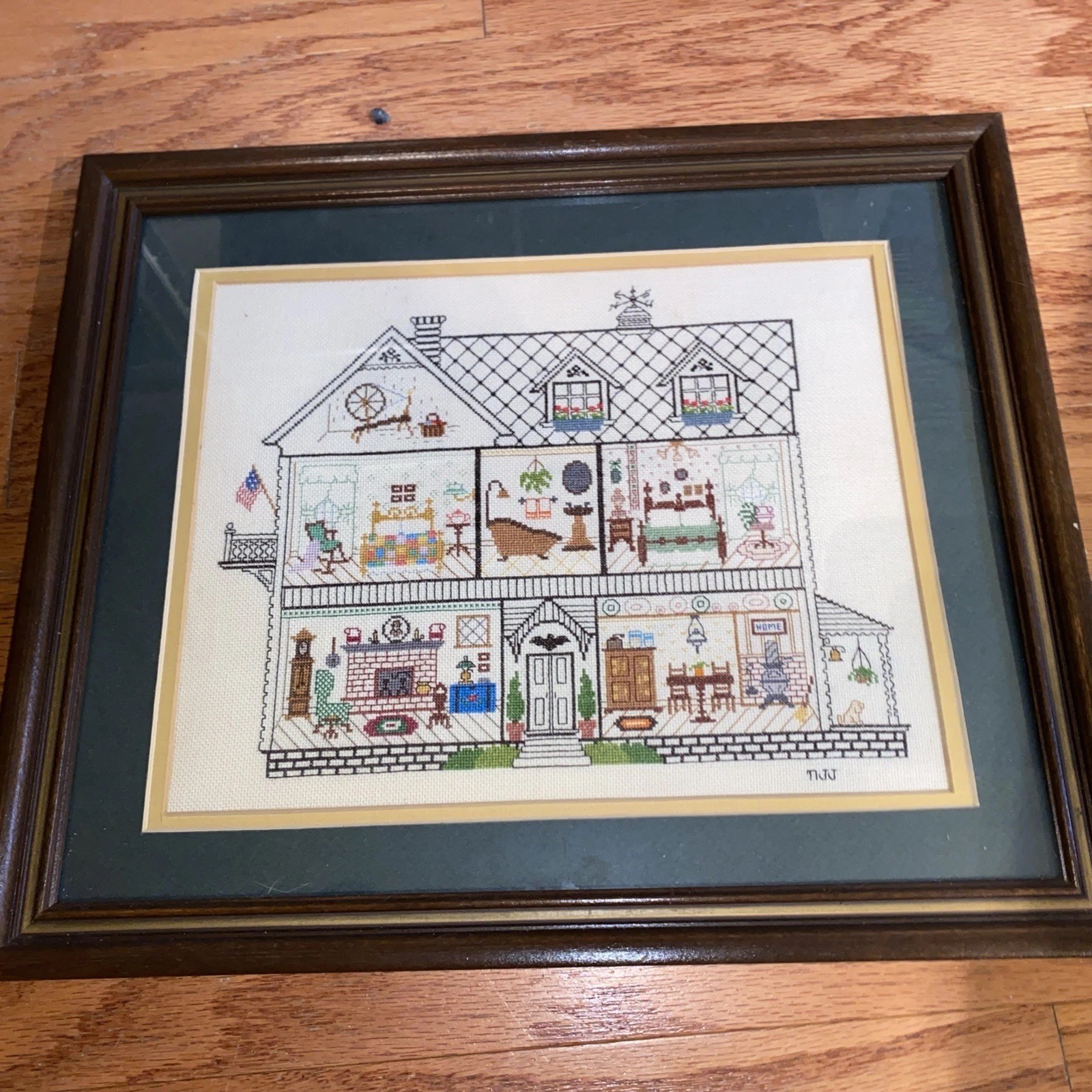 Professionally Framed Crossstitch Needlepoint Inside cutaway Cozy Home House