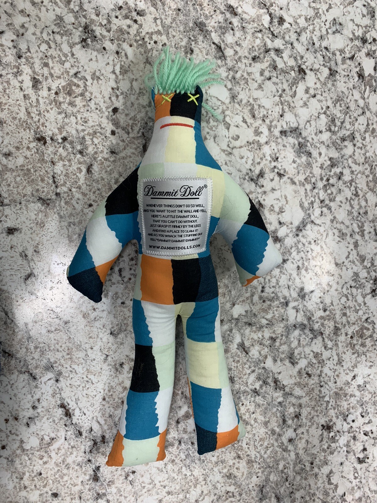 NWOT Stress Relief Dammit Doll Multi-color Abstract Print & Aqua Hair - Gag Gift