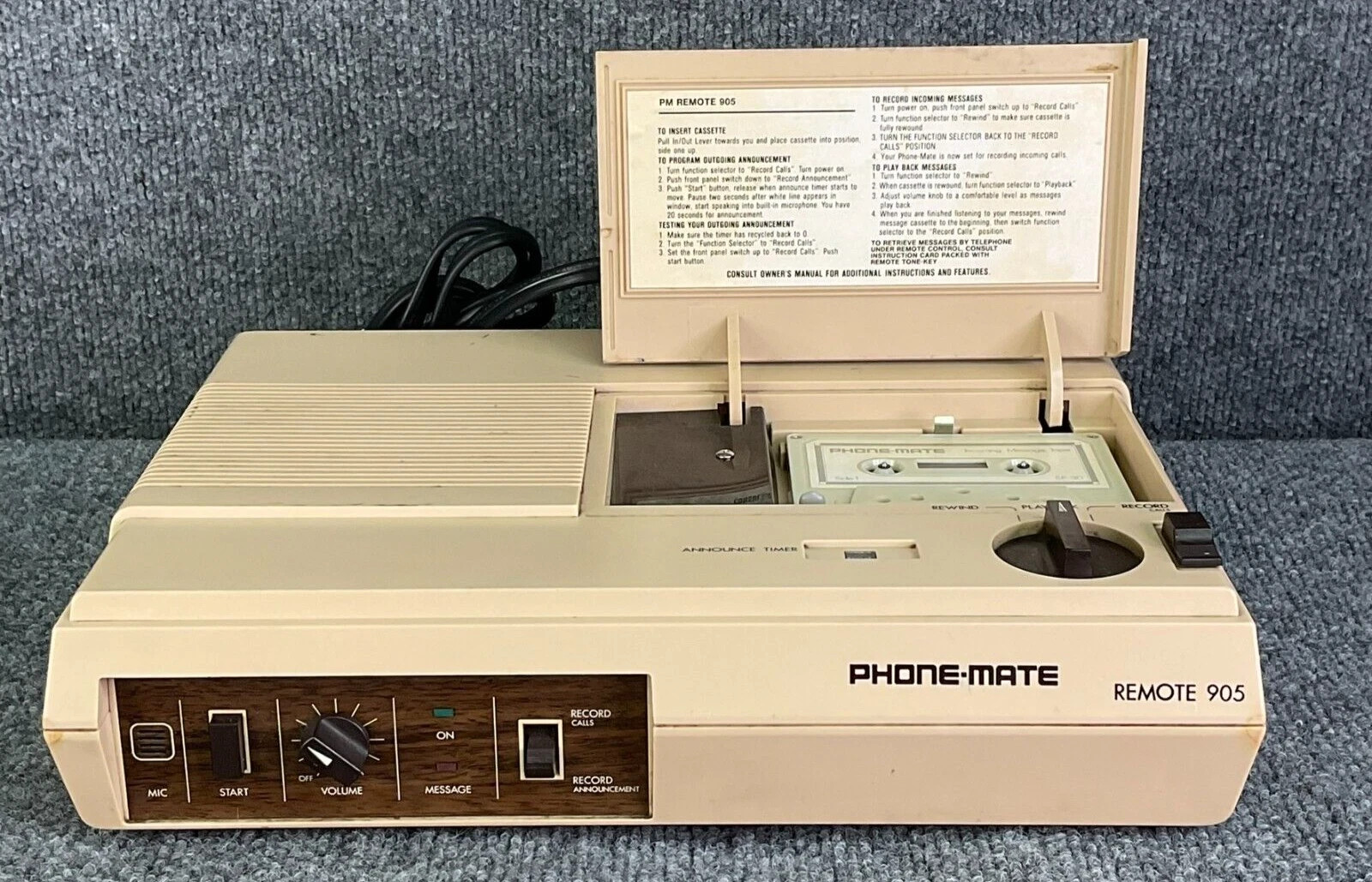 Vintage Phone-Mate Remote 905 Answering Machine 120VAC 60HZ – Tested & Working