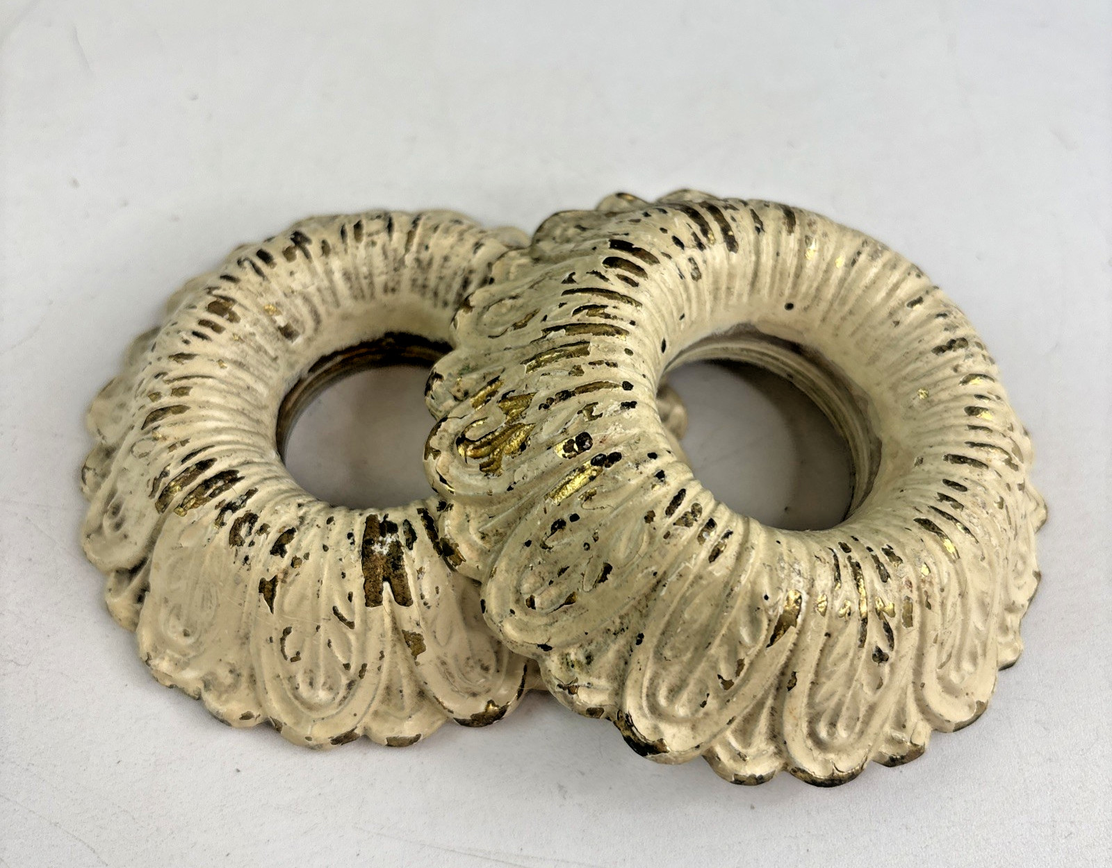 Pair 2 Antique Cast Brass Bobeche Socket Covers Threaded Painted Heavy Art Deco