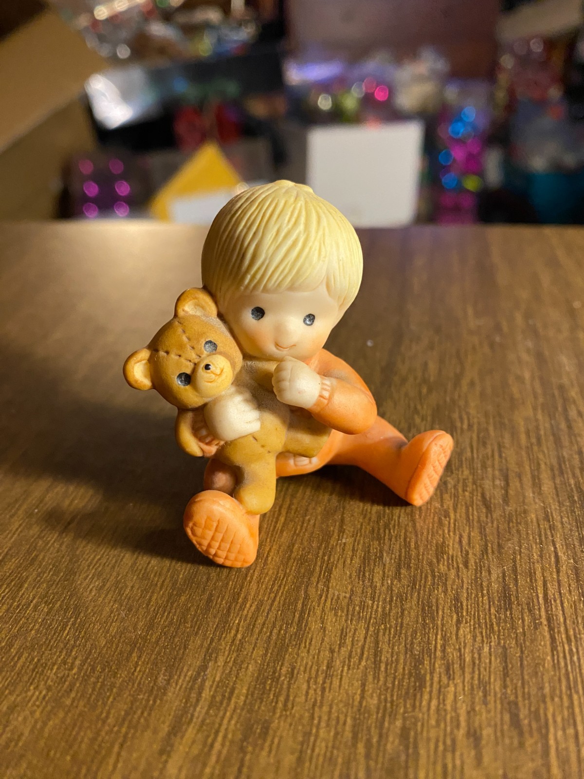 Country Cousins Enesco 1984 Porcelain Boy Holds Teddy Bear Figurine 2" VTG