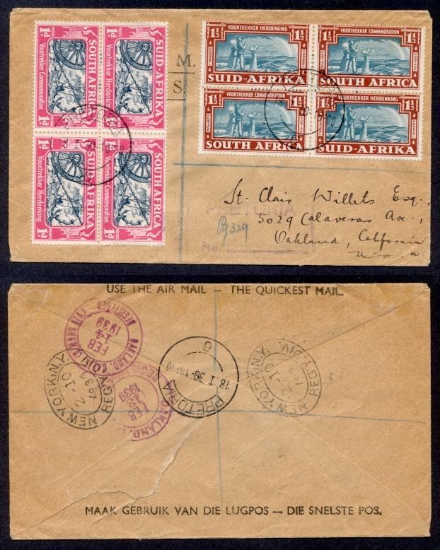 SOUTH AFRICA 1939 #79-80 BLOCKS OF 4 REG TO USA